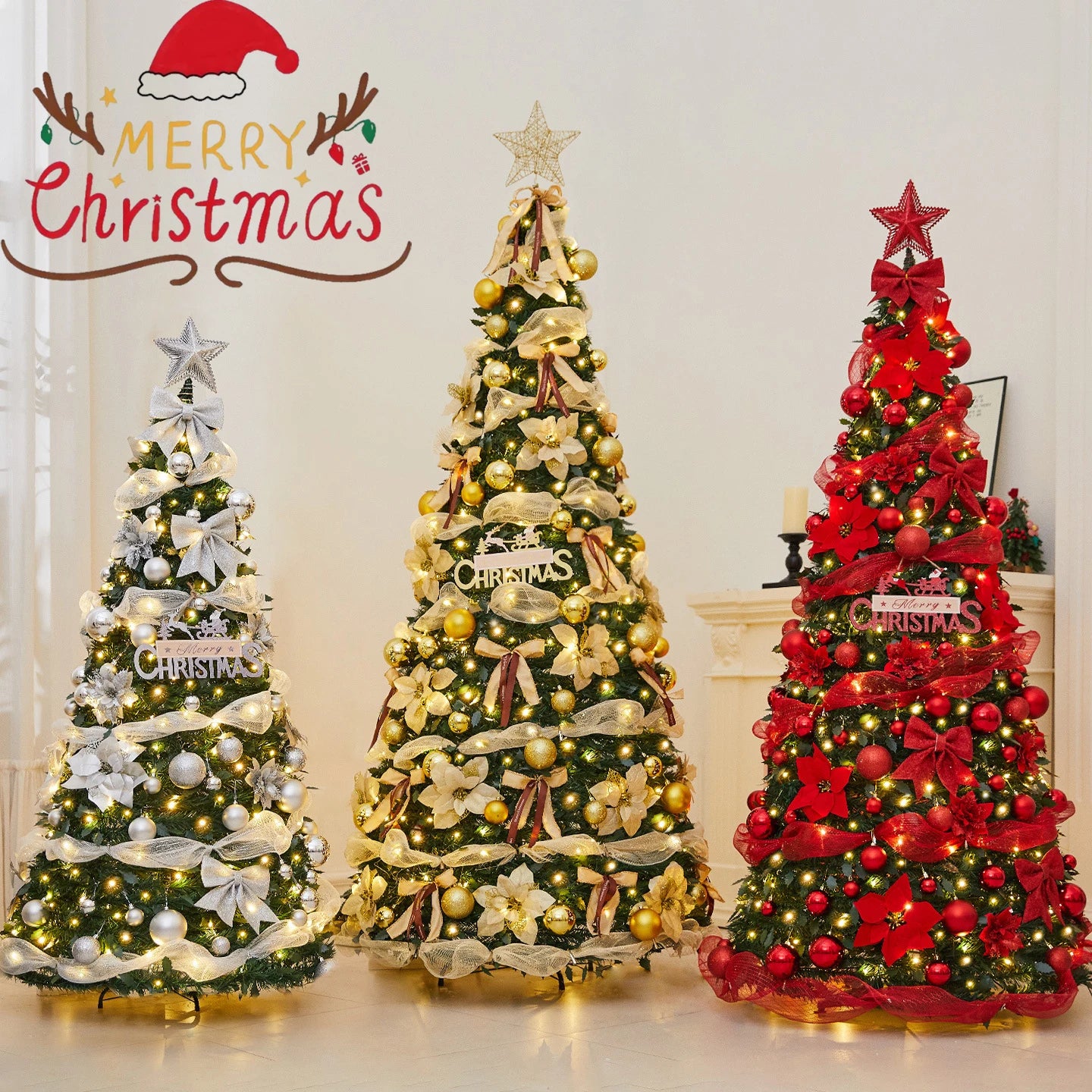 Foldable telescopic Christmas tree predecorated with red ornaments and LED lights from The Comfort Space