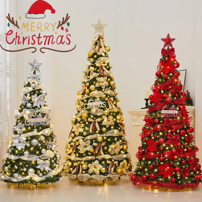 Foldable telescopic Christmas tree predecorated with red ornaments and LED lights from The Comfort Space