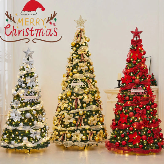 Foldable telescopic Christmas tree predecorated with red ornaments and LED lights from The Comfort Space