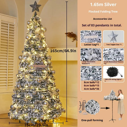 Silver plush telescopic Christmas tree with preinstalled lights and elegant decorations
