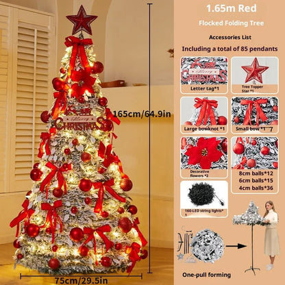 Easy assembly foldable Christmas tree showing one-pull forming design