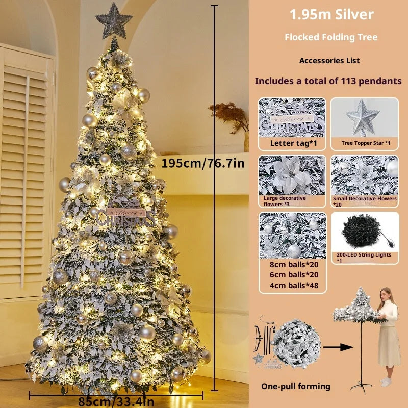 Space-saving foldable Christmas tree with built-in LED lights and festive ornaments